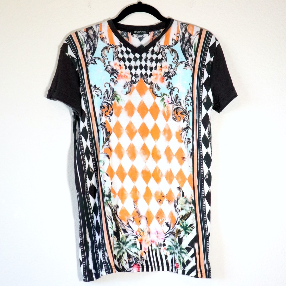 Balmain cotton v-neck short sleeve tee in harlequin print - Picture 10 of 11